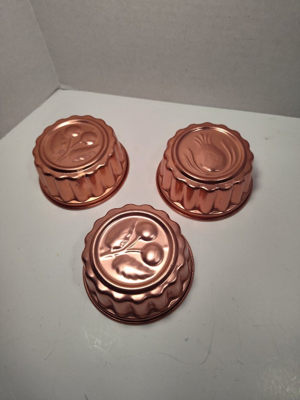 Set of 3 Vintage Copper Tone Mini Tart Jello Molds Fruit Design 4x4 Bakeware